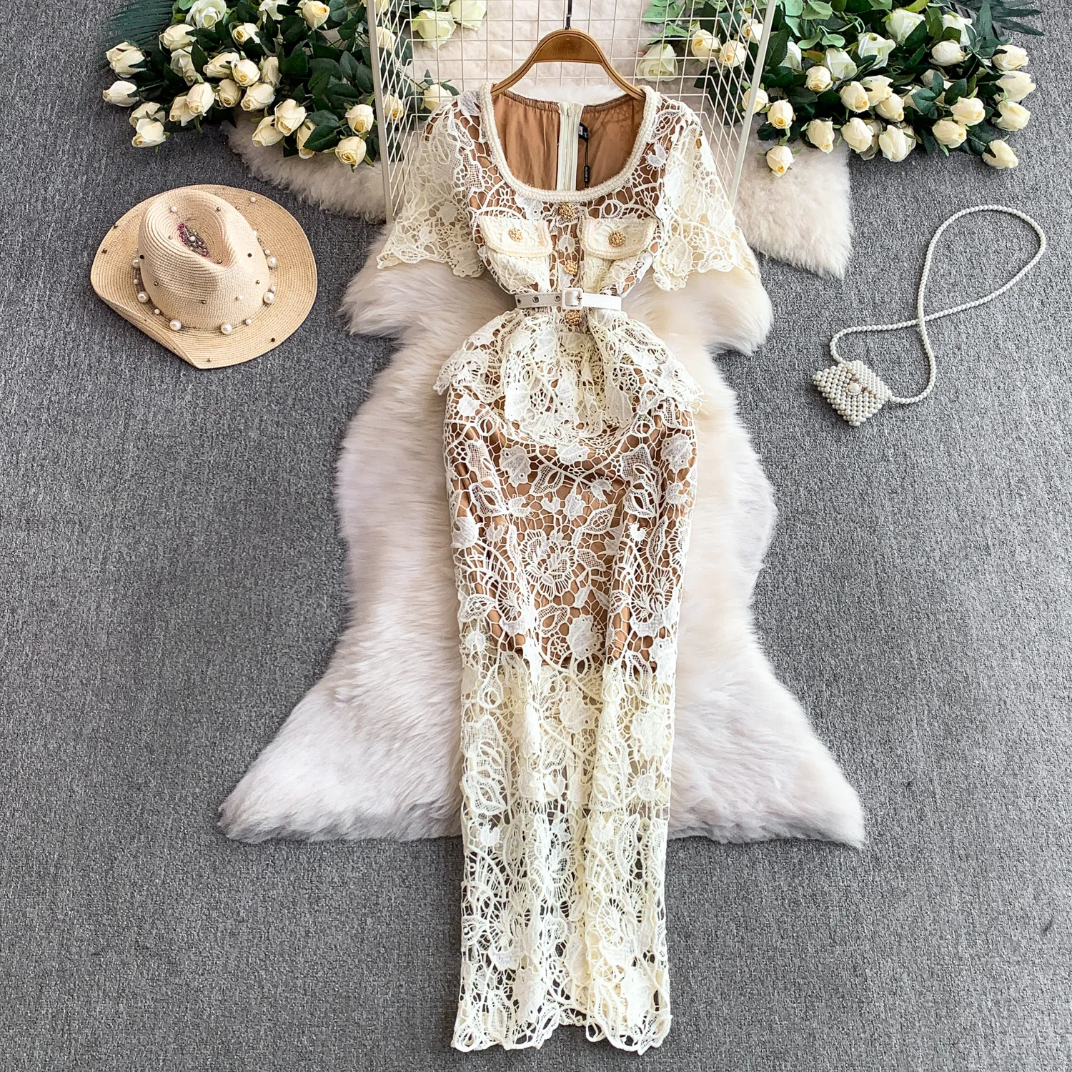 Chic vintage hollow out lace short sleeve dress Elegant Fairy korean fashion sundress women clothing