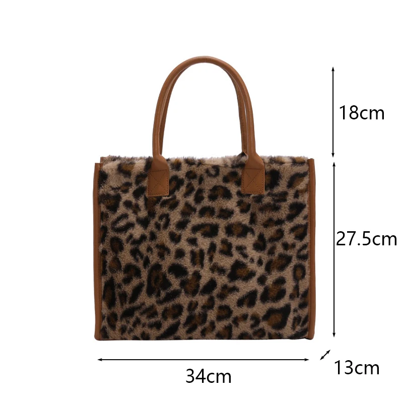 Winter Faux Fur ,Leopard Print Designer Shopper Totes, Fashion Soft Plush Women Shoulder Bags, Large Capacity Handbags and Purse