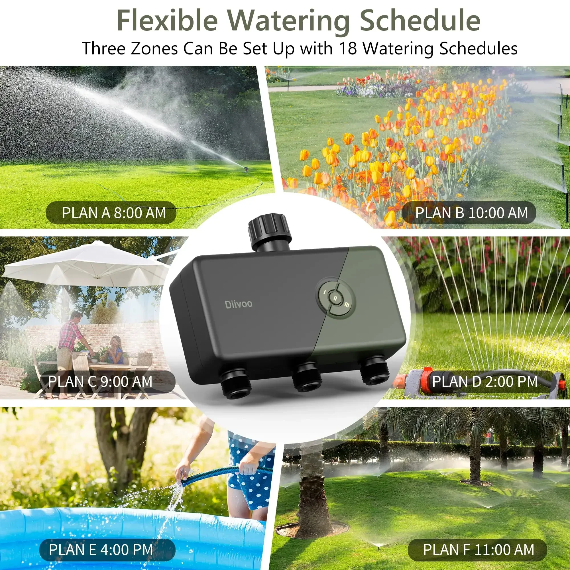 Diivoo WiFi Sprinkler Timer 3 Zone, Remote Control Irrigation Timer with Wi-Fi Hub, Automatic Manual Watering for Garden