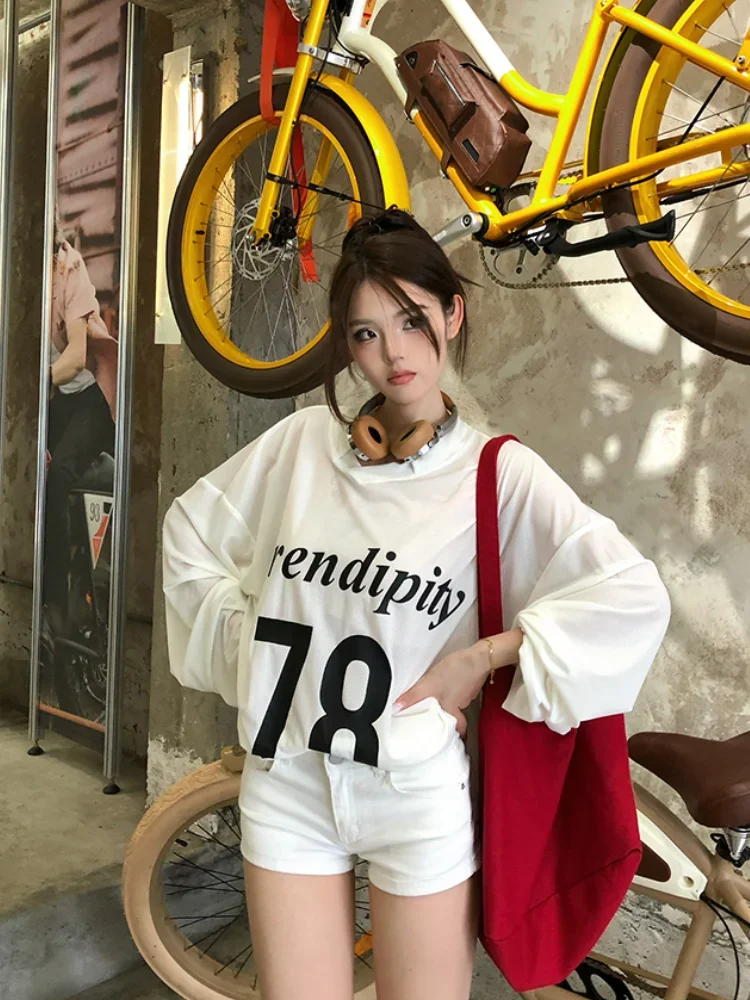 ADAgirl White Letter Print Long Sleeve T-shirts for Women Harajuku Vintage Summer Oversized Streetwear Korean Fashion Clothes