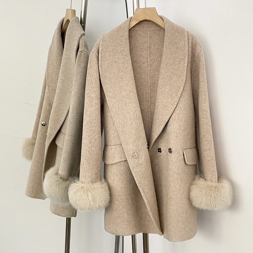 OFTBUY Doppelreihiger Mantel mit Diamantknöpfen und Revers, elegante Winteroberbekleidung für Damen, 2025 neuer Damen-Wollmantel mit echten Fuchsfell-Manschetten. – Detail 9