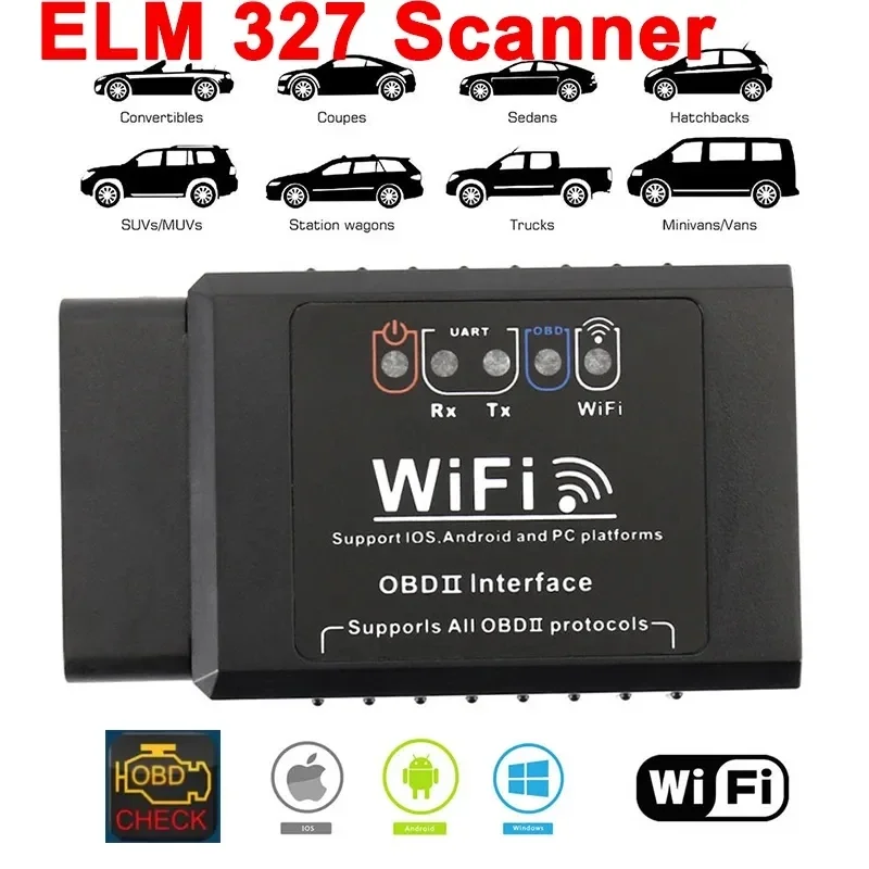 Автомобильный детектор неисправности ELM327 WIFI V1.5 поддерживает Android и Apple OBD2 Box Автомобильный Диагностический прибор черного цвета