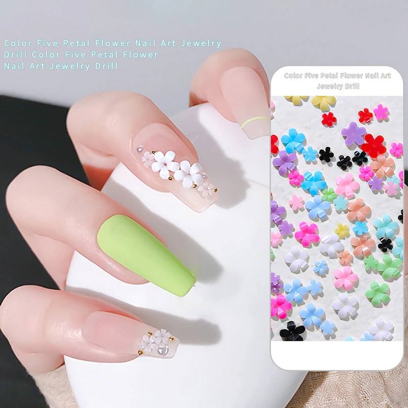 Mini flor japonesa de piezas para decoración de uñas, dijes acrílicos de cinco pétalos, adorno de joyería, accesorios Kawaii para manicura, 200