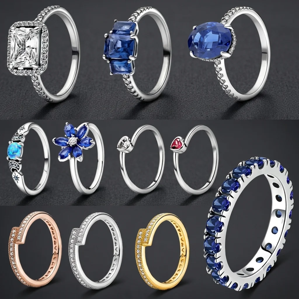 Multi Tone Rings Blue Red Oval Square Floral Zircon Eternity Ring Set Dainty Daily Wedding Promise Jewelry Gift For Women Girls