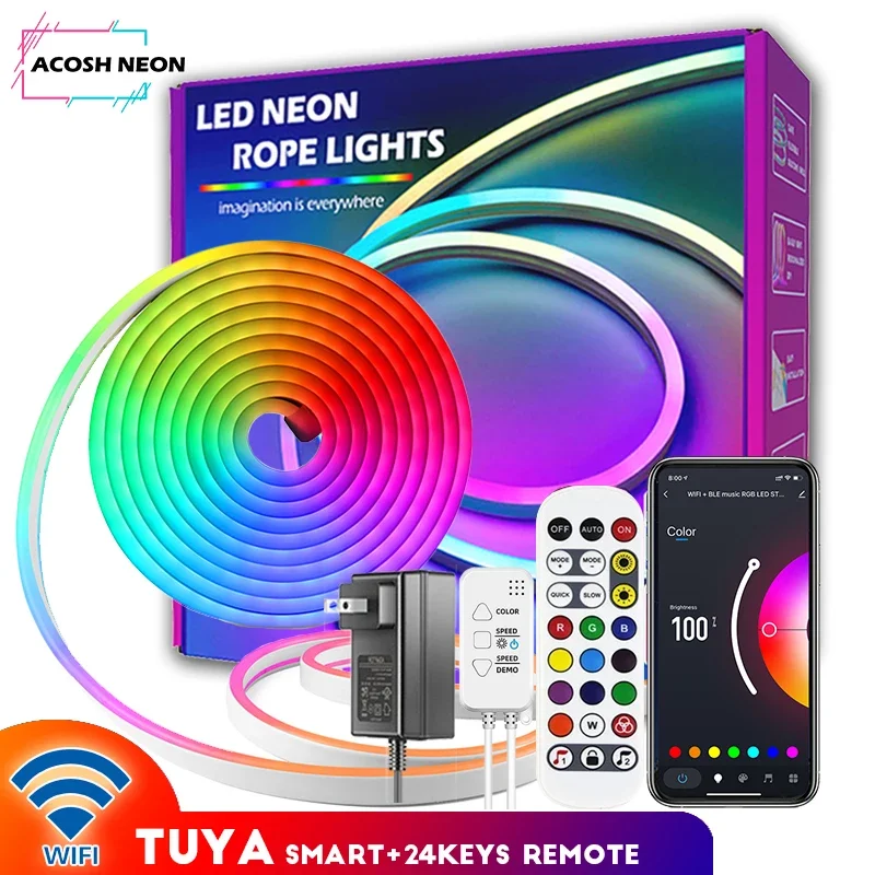 

Tuya Led Strip Lights With Remote 10M/Roll Neon RGB LED Lighting WIFI Smart Flexible Tape Strip Lights With Remote for Home