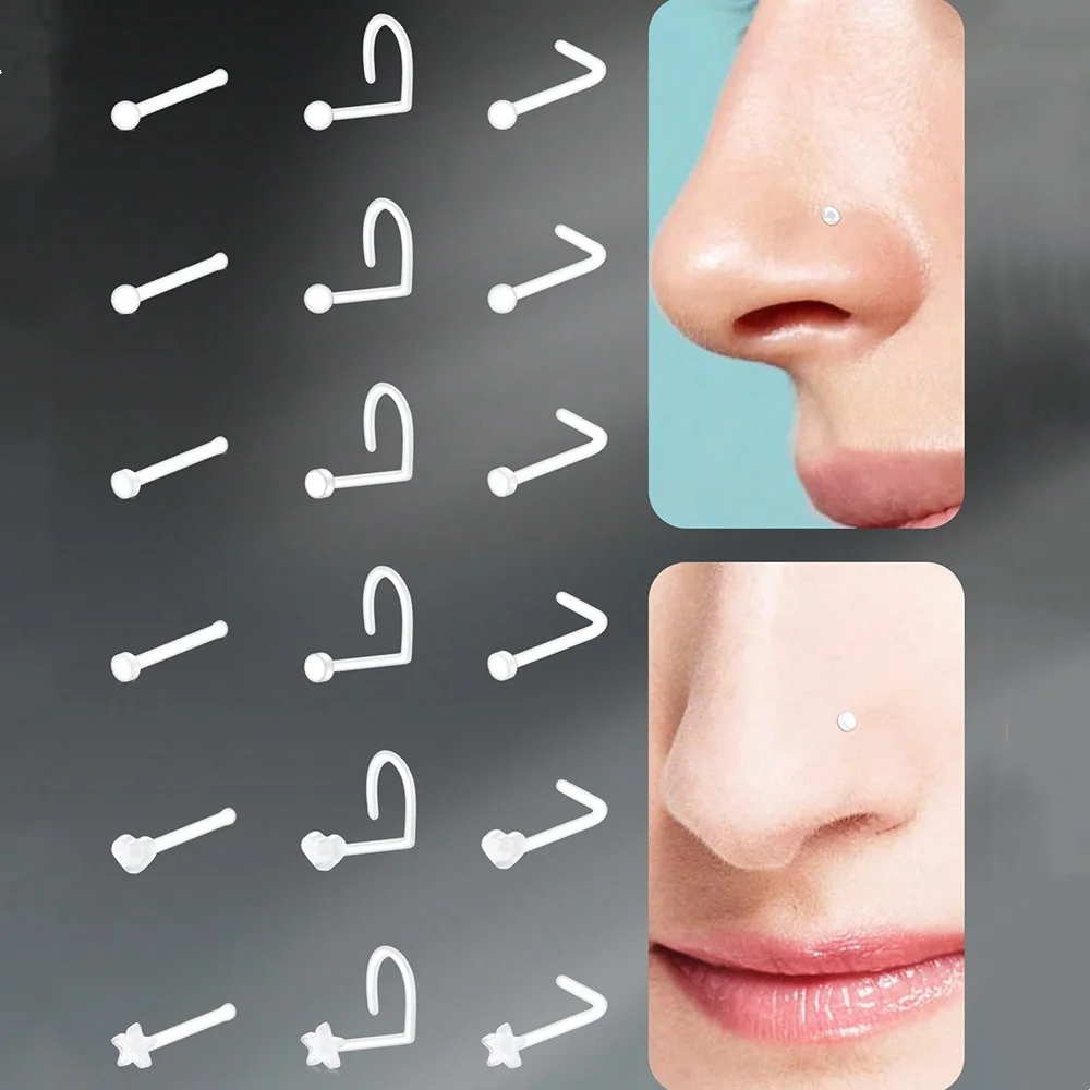 20/18G Clear Nose Ring Studs Plastic L Shaped Nose Piercing Jewelry Set Earring Studs ,18pcs Casual Plastic Heart Nose Studs
