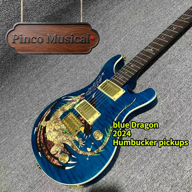 High End 24 blue Dragon Inlay PRS Electric Guitar HH Humbucker Pickups Flame Maple Top Dragon Inlay Collectible Guitar