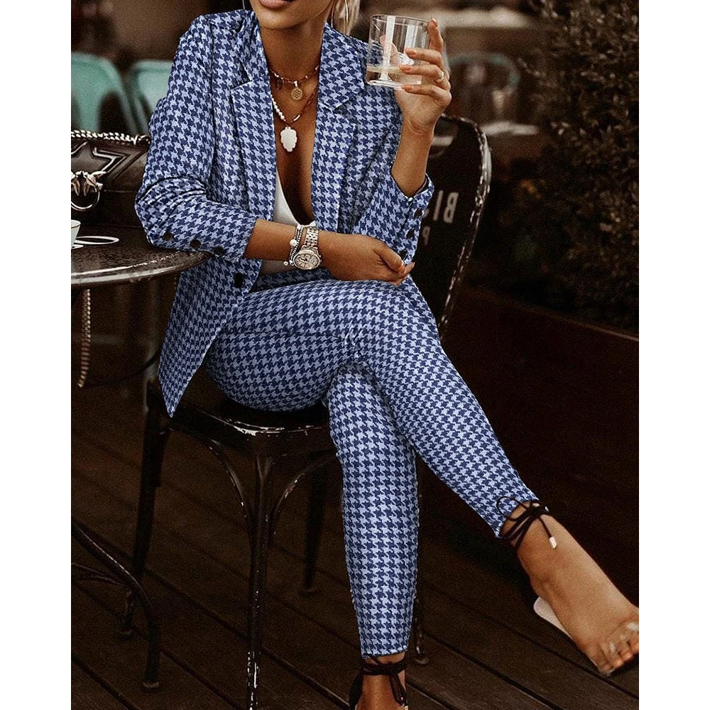 Women\'s 2Pcs/Set Long Sleeve Plaid Work Blazer Suit Sets Female Lady Open Stitch Drawstring Pants Sets Office OL Style Clothing