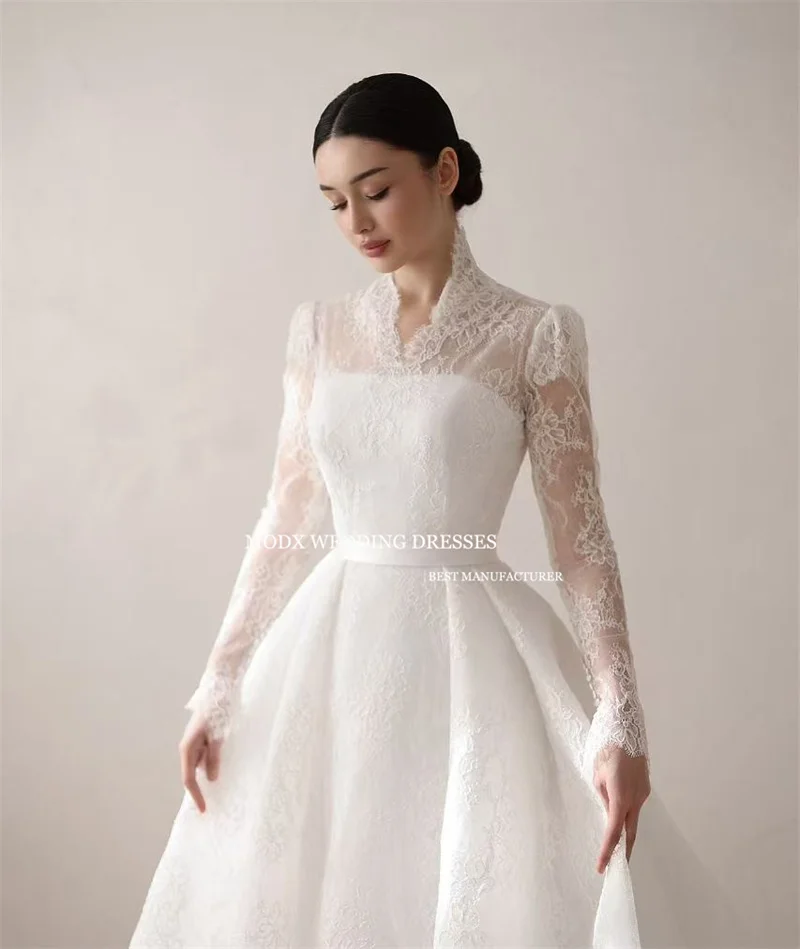 MODX Squisito abito da sposa in pizzo principessa con scollo a V maniche lunghe staccabile Sweep Train Abito da sposa formale da donna personalizzato