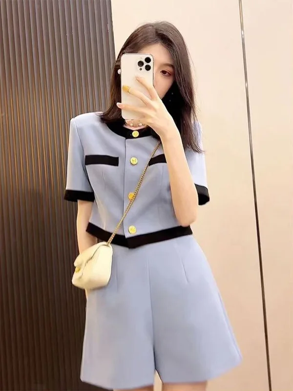 

Summer Fashion Set Women's Short Sleeve round Neck Top And Short Pants Two-Piece Suit Small Fragrance Style High-End Feeling