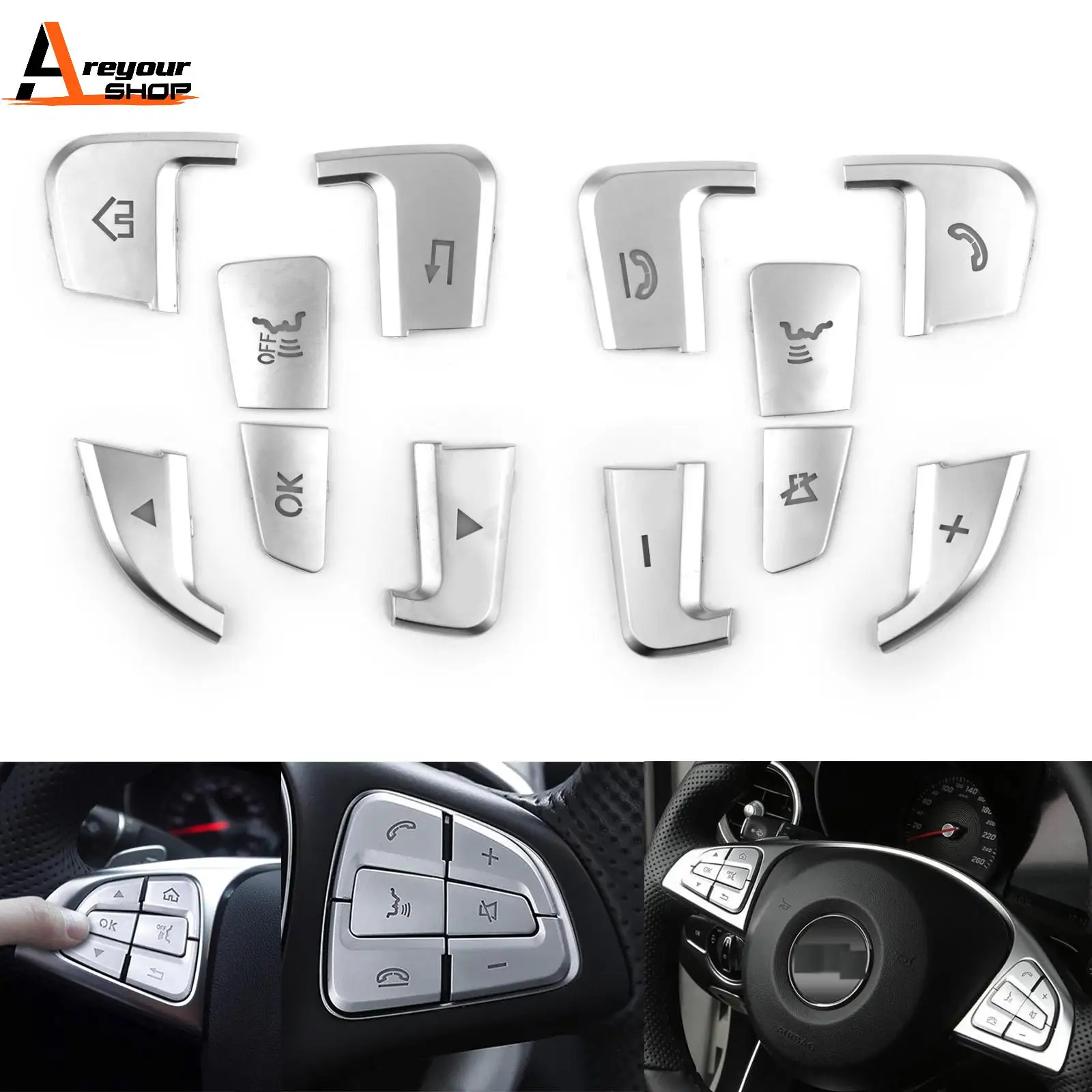 Areyourshop Steering Wheel Button Silver Trim For Mercedes-Benz A B C Class GLC CLA CLS GLE Car Auto Parts