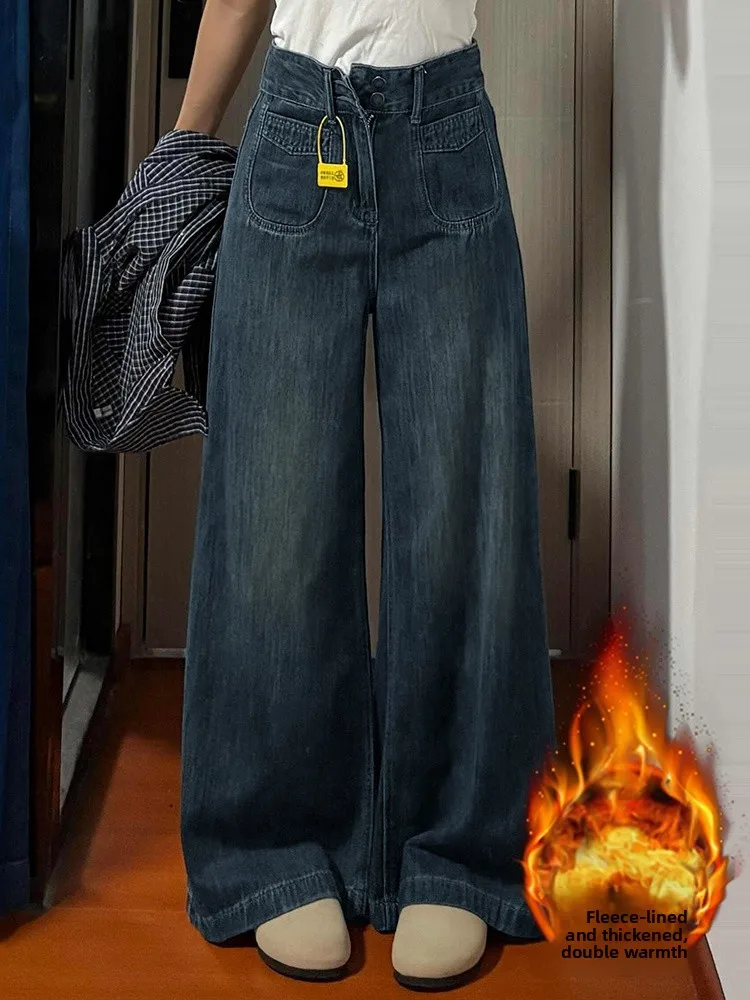 

High Waist Fleece Lined Thick Wide Leg Jeans Loose Fit Dark Blue Straight Cut Trousers for plus Size Women Autumn Winter