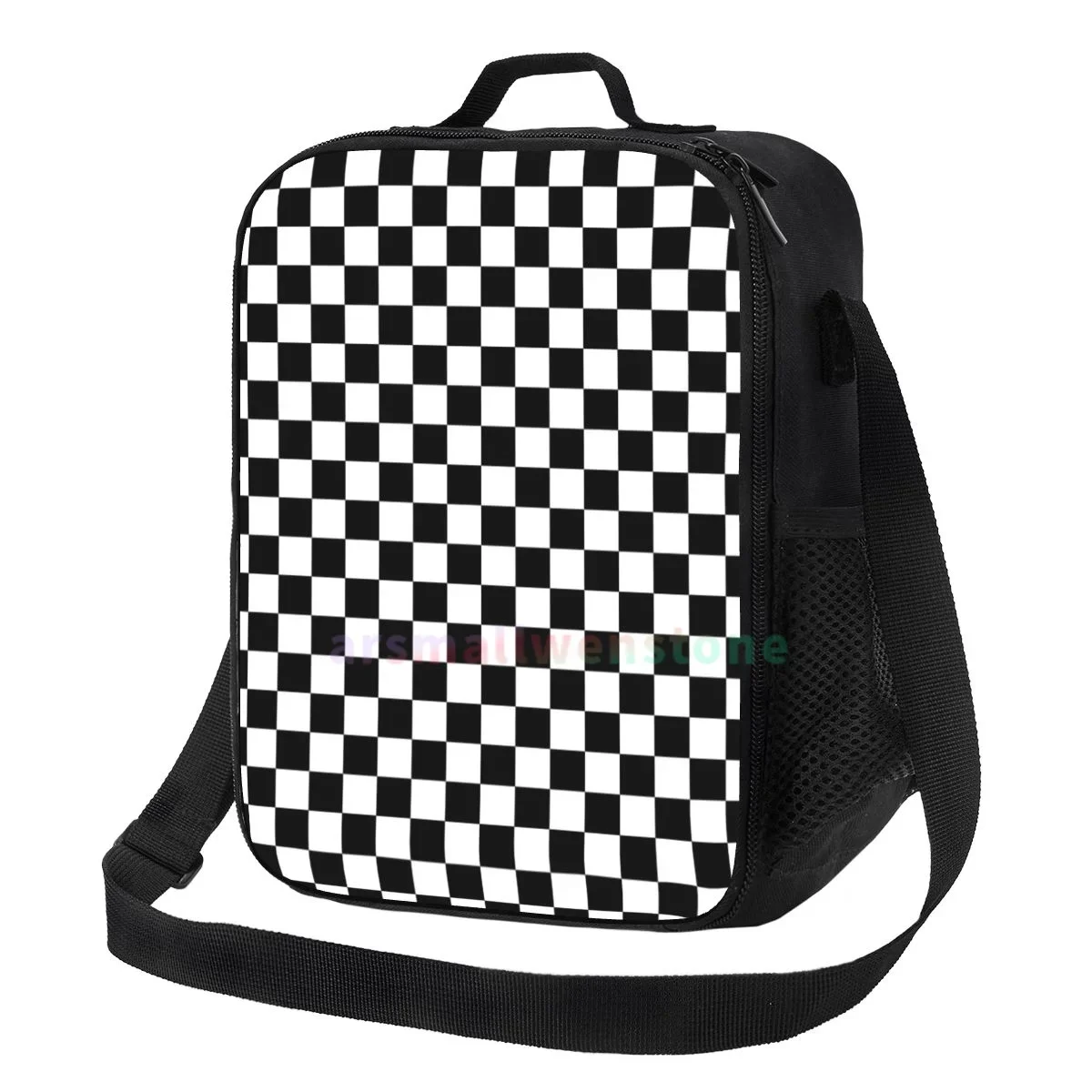 

Black And White Grid Lunch Bag Portable Thermal Insulated Lunch Box Picnic Multifunction Food Tote for Women