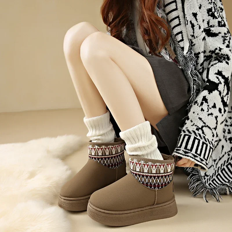 أحذية نسائية عصرية ودافئة، أحذية ثلج شتوية من جلد الغزال، أحذية قطنية مضادة للانزلاق، بسيطة وخفيفة الوزن