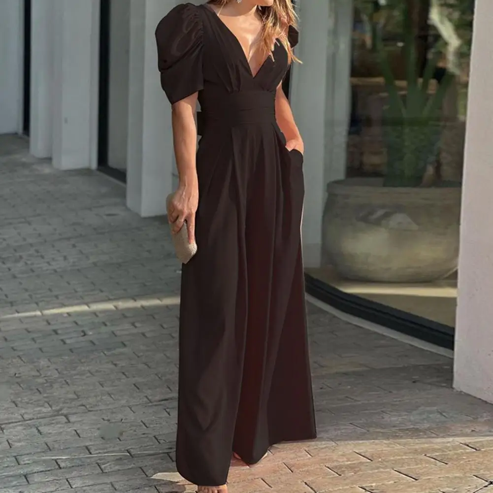 Women Polyester Spandex Rompers Stylish Women's Jumpsuit with Puff Sleeves V-neck Hollowed Waist Tie Wide Leg Pants for Street