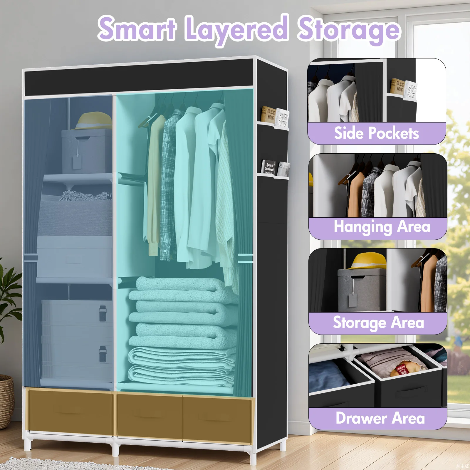 Portable Wardrobe Closet Organizer Clothing Storage Rack Non-Woven with 3 Drawers Hanging Rod 4 Side Pockets 16mm Tube Frame