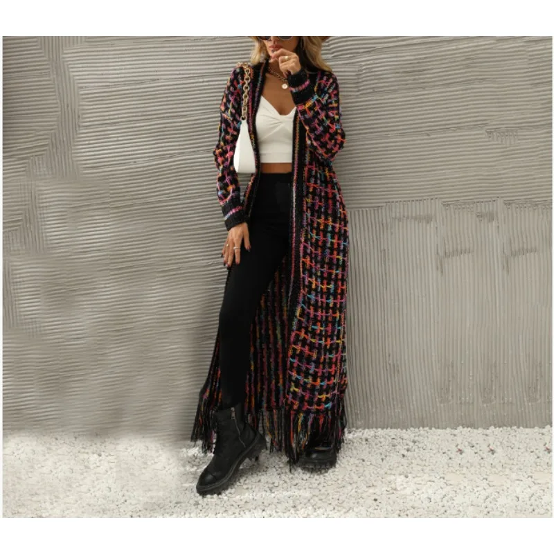 

Женский красочный кардиган с длинным рукавом, вязаный открытый передний свободный теплый свитер, пальто с кисточками длиной до пола, осенне-зимние куртки