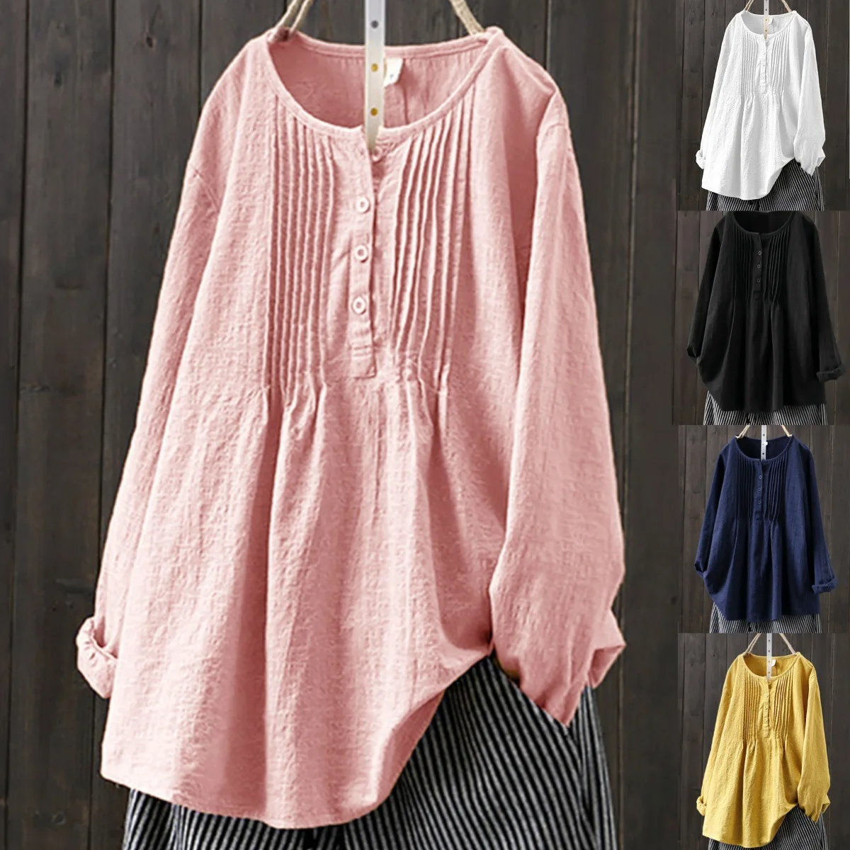 

Spring Summer Women's Crinkled Cotton Linen Blouse Round Neck Pullover Tops Loose Shirts Blouse Top Look
