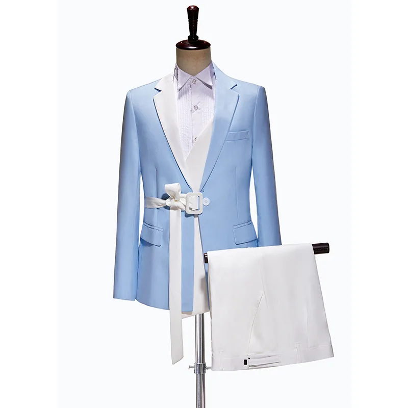 Custom Fashion Light Blue wedding suits For men Formal host singer stage performan Groom Party Prom Man Blazer costume homme 턱시도