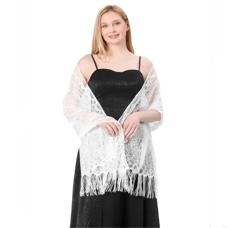 

M6CD Fashionable Tassels Lace Scarf Cashew Pattern Shawl For Casual Formal Occasion