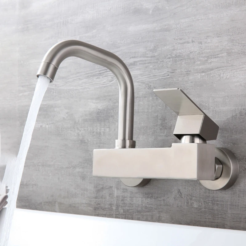 Kitchen Faucet Wall-Mount Bathroom Sink Tap Dual Holes Hot and Cold Mixer Balcony Washing Mop Basin Bibcock Universal Swivel Tap