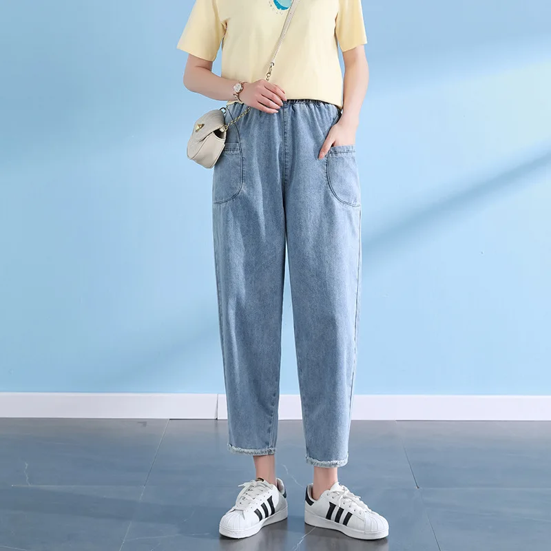 

Denim Straight Ankle Length Pants Women Jean Cuffs Washed Elastic Waist Jeans Loose Fit Solid Pockets High Street Casual