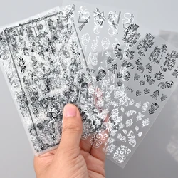 6Pcs/Set Black White Lace Flower Nail Art Stickers 3D Floral Charm Adhesive Sliders Geometric Lines Decals Manicure Decorations