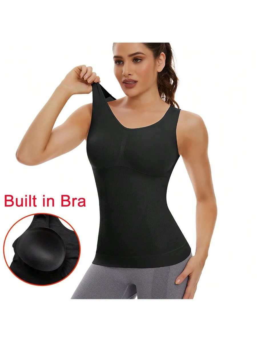 Built In Bra Shapewear Vest For Women Tummy Control Body Shaper Cami Camisole Tank Top Slimming Belly Abs Abdomen Compression