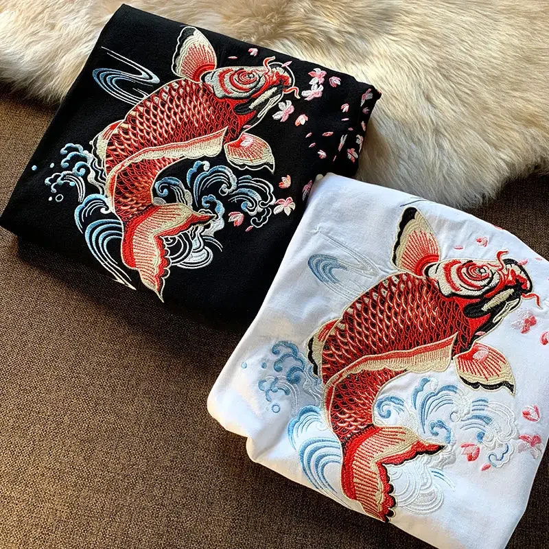 Harajuku Design Boho Floral Fish Embroidery T Shirts Vintage Street Fashion Woman Tshirts O-neck Loose Casual White Summer Tops