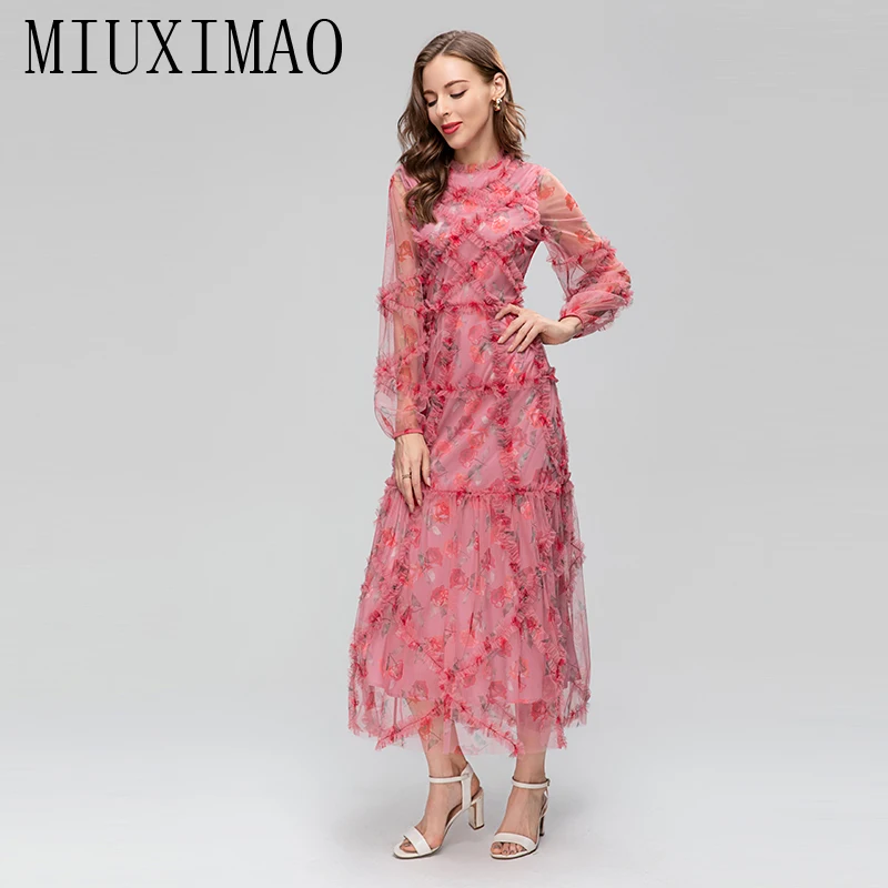 

MIUXIMAO 2023 Fall Long Dress Red Flower Print Full Sleeve Casual Long Dress Women Vestidos Gauze Ruffles Female Dress