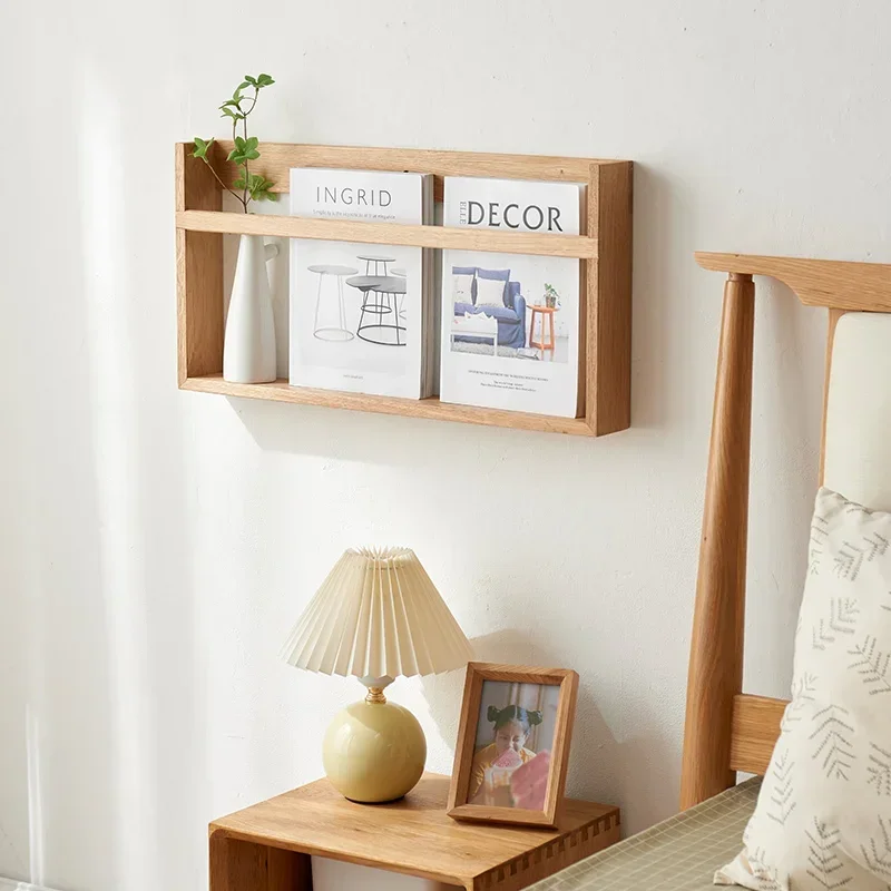 Wall-Mounted Solid Wood Bookshelf Oak Moisture-Proof Magazine Organizer for Living Room Display