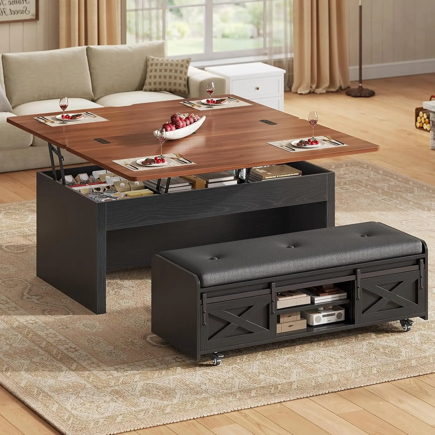 Lift Top Coffee Table with Storage Bench, Farmhouse Convertible Coffee Table to Dining Table for 4-8, 4 Modes with Hidden Compar