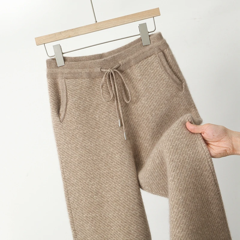 High Quality Autumn Winter Men Wool Trousers New Style Jacquard Drawstring Straight Cashmere Pants Man 100% Merino Wool Trousers