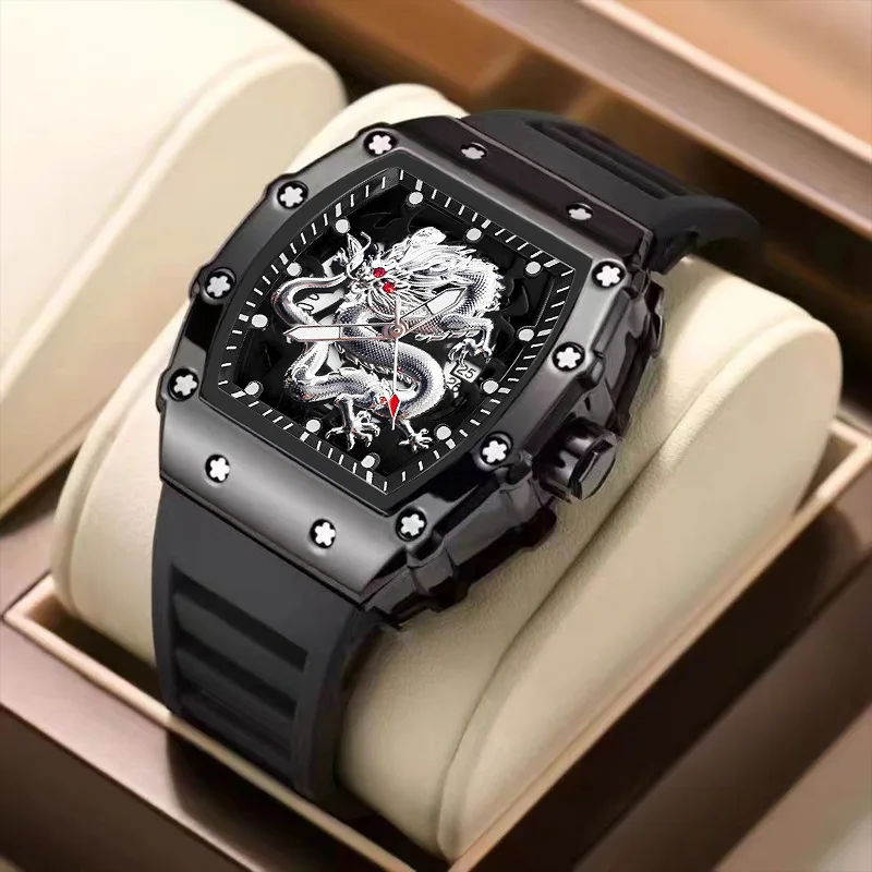 Tonneau Classic Dragon Shape Carving Pattern Quartz Watches Men Luxury Waterproof Silicone Square Men Male Watch Clock Relogio
