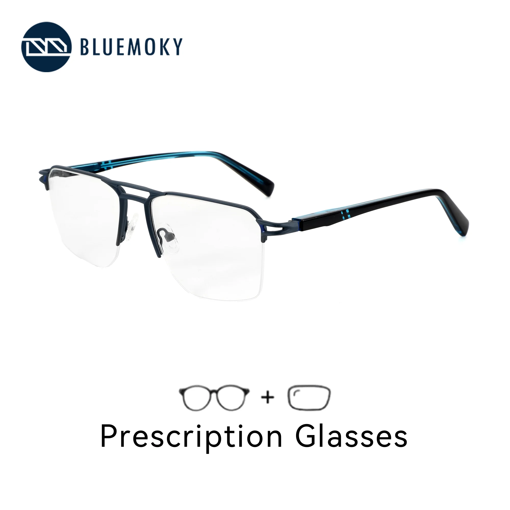 BLUEMOKY L Size Metal Half-Rim Pilot Prescription Glasses For Men Blue Light Photochromic Graduated Eyeglasses Myopia Eyewear