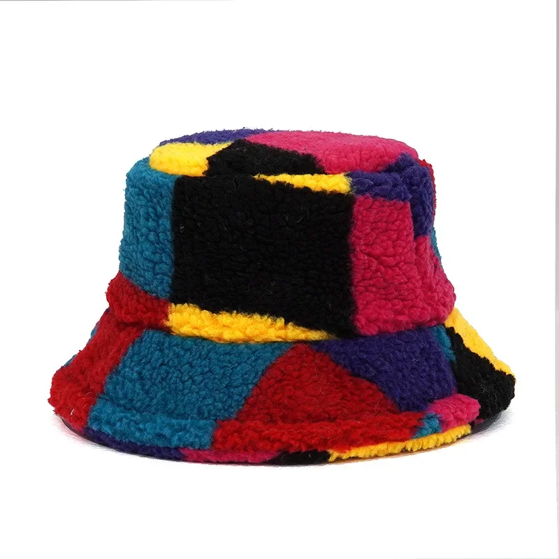 Block Print Winter Bucket Hat Unisex Harajuku Graffiti Women Men Fishing Fisherman Hat Autumn Lamb Wool Outdoor Warm Panama Cap