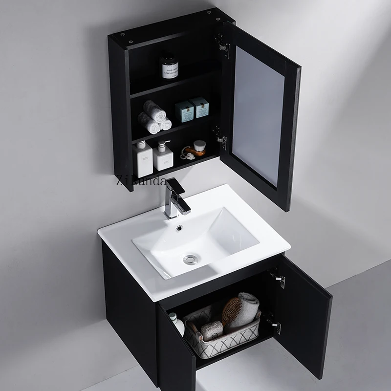 Mobile piccolo moderno, mobile da bagno a parete in compensato nero con lavabo e specchio