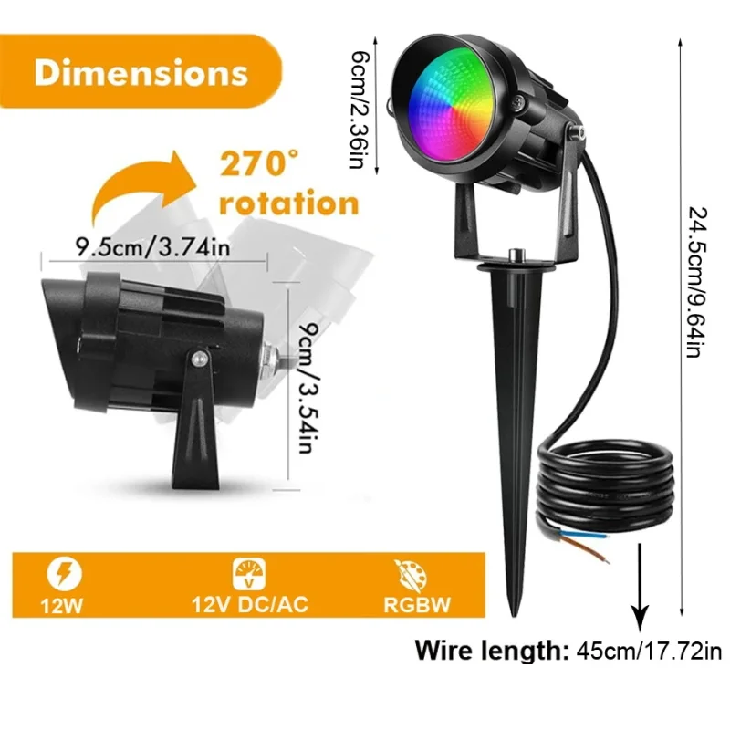 Projecteur LED imperméable conforme à la norme IP65 avec télécommande, éclairage d'extérieur, lumière de paysage, 12W, RGBW, 12V