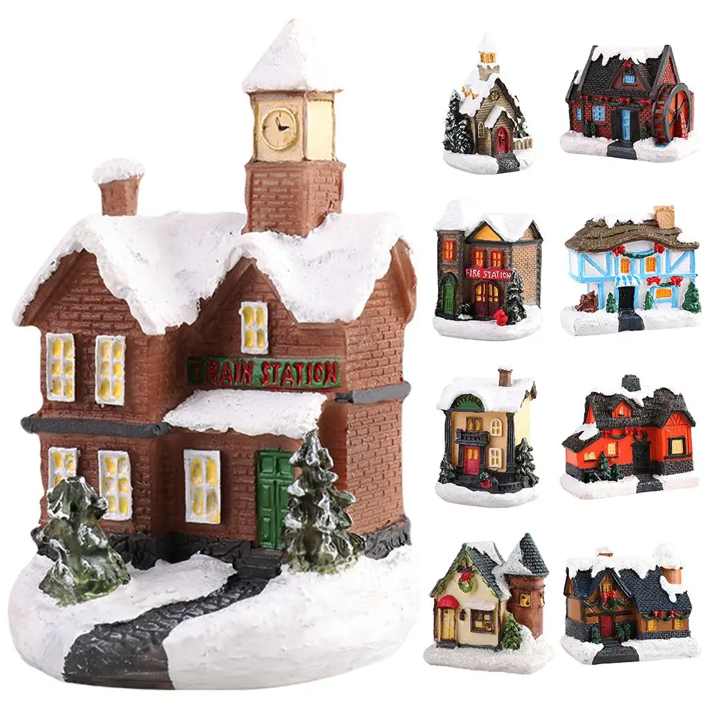 Resin Christmas LED Light Scene Snow House Small Village House Xmas Ornament Glow Decoration New Year Gift 2023