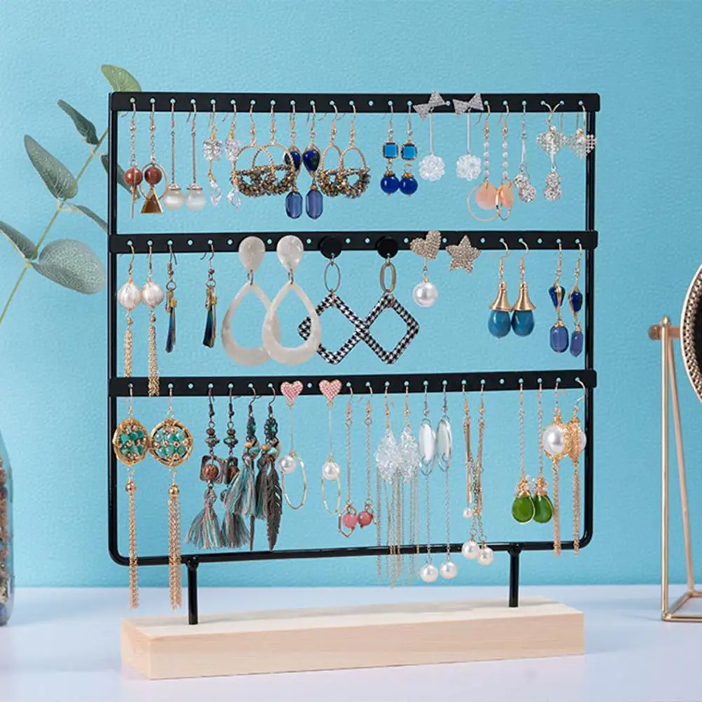 Jewelry Display Rack 72 Holes Three Layer Wooden Base Jewelries Storage Iron Art Dangle Earrings Ear Studs Jewelry Stand