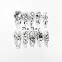 Luxurious Clear Press On Nails with Large Rhinestones and Pearl Decorations Handmade Reusable Nail Tips for Weddings and Ballet