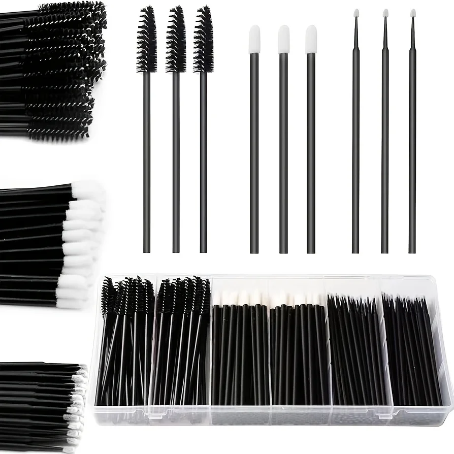 250-teiliges Lippen- und Wimpern-Set - 100 Lippenpinsel, 100 Mikrobürsten, 50 Spoolies mit Etui für Extensions (Salon/Zuhause) – Detail 1