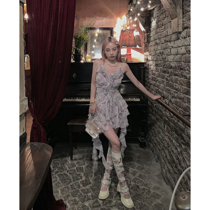 Dolce stampa floreale Mini abito da donna Y2K Vintage Party Ruffles Camis Dress Moda coreana Sexy cinturino per spaghetti Abiti estivi