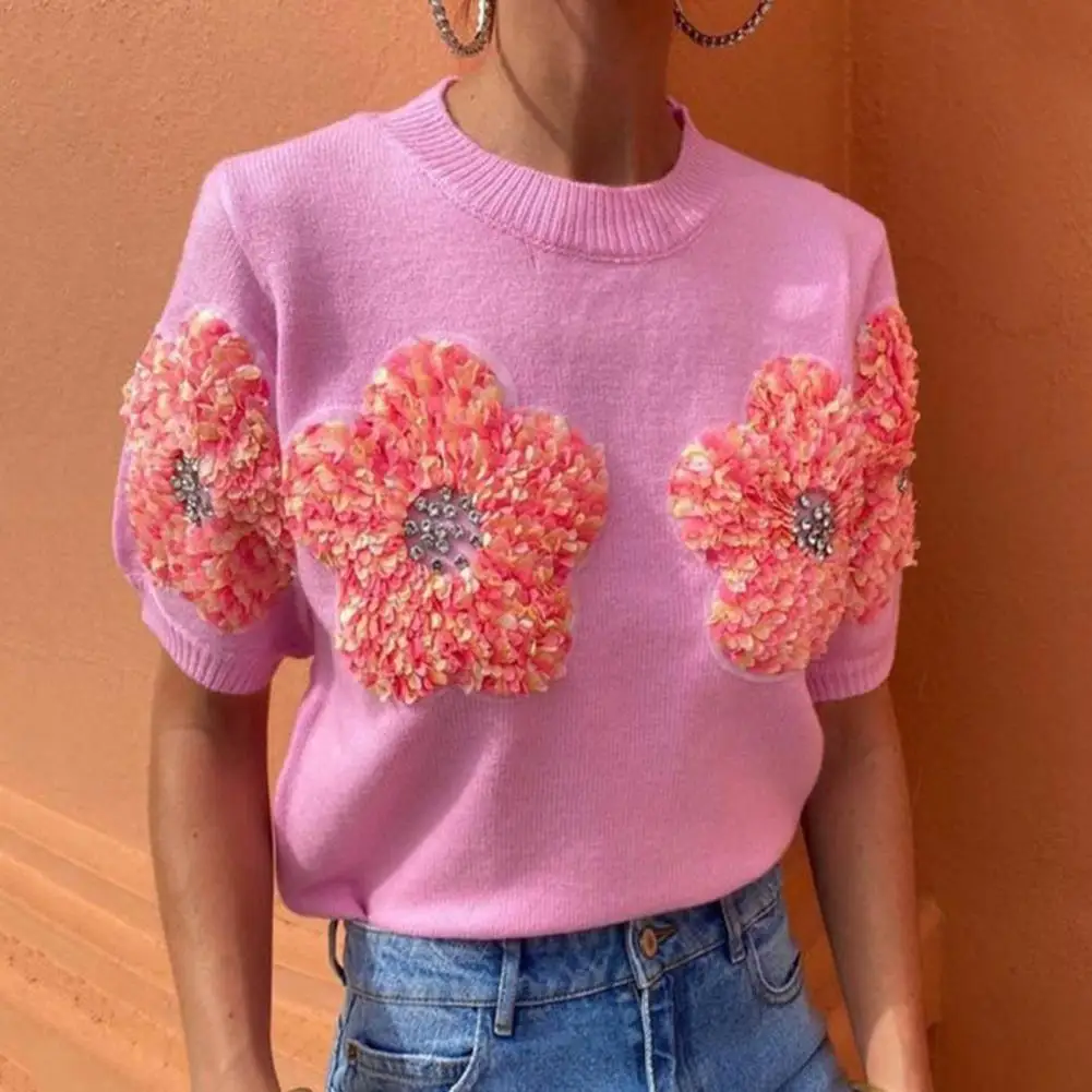 

Women Knitting Tops Round Neck Short Sleeve Summer Sweater 3D Flower Decor Elastic Knitting T-shirt