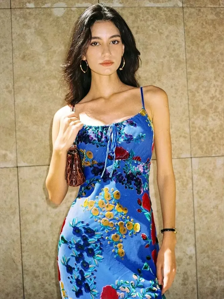 Women's Blue Spaghetti Strap Floral Printed Midi Dress Sexy Backless Velvet Flower Slim Dresses Cocktail Party Gowns