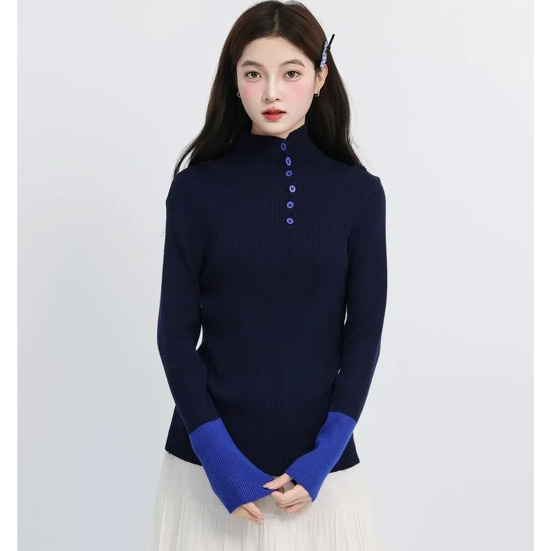 Women French Retro Color Block Half High Collar Knit Long Sleeve Top Autumn Slim Fit Commuter Versatile Blouse