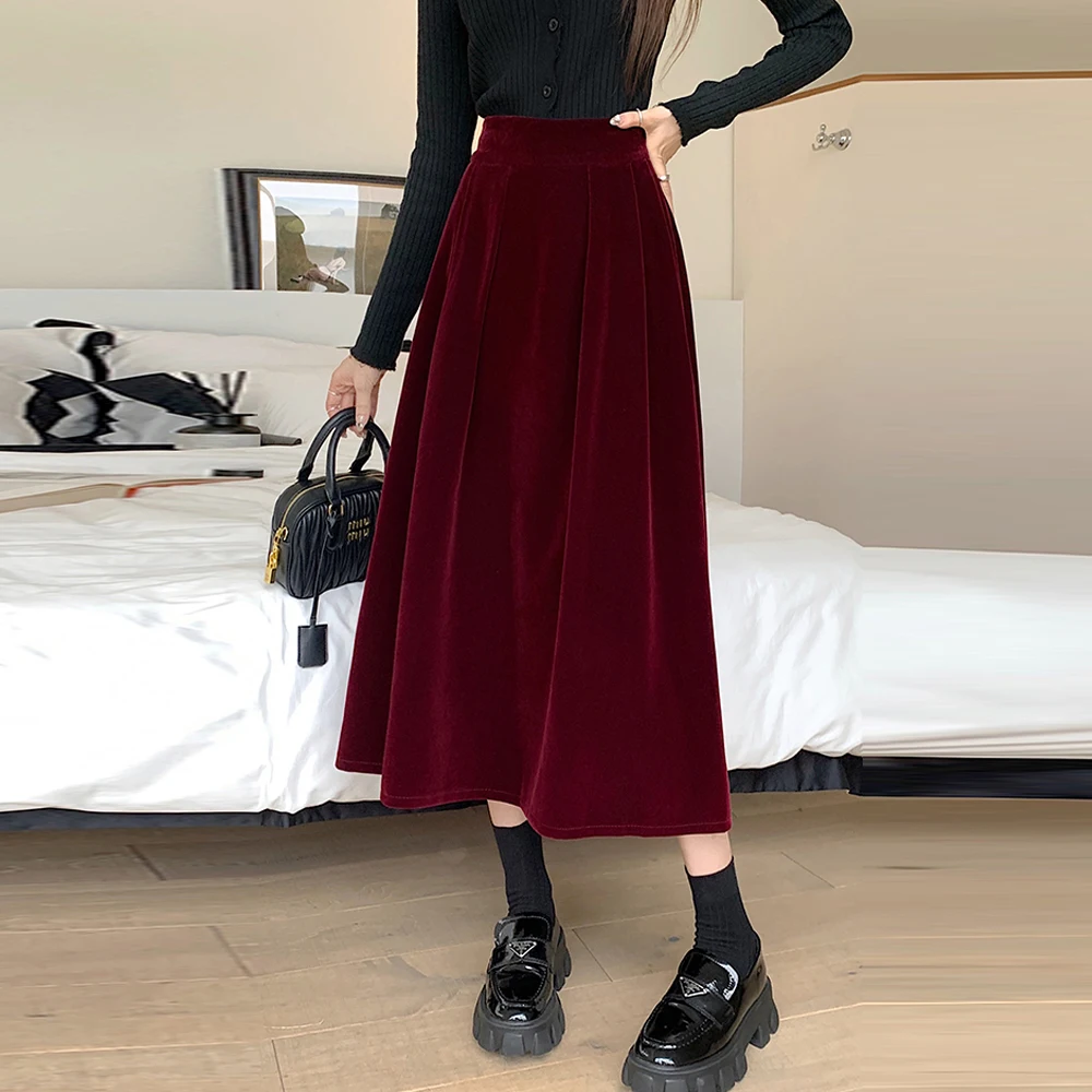 Women\'s Autumn Winter Loose Elastic Waist Pleuche Gold Velvet Skirt Solid Big Swing Casual A-line Female Pleated Skirt Black