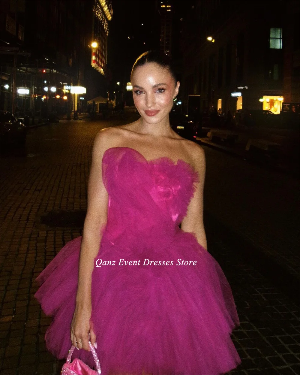 Qanz Modern Fuchsia Short Prom Dresses Tulle Strapless Mini Ruffles Pleat Homecoming Dresses Birthday Dress For Women Customized