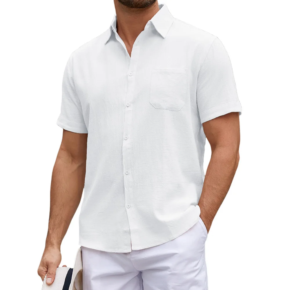 Herren-Hemd aus Baumwolle und Leinen, kurzärmelig, atmungsaktiv, leicht, gemütlich, Urlaub, Strand-Stil, Knopfleiste, lässige Hawaii-Hemden
