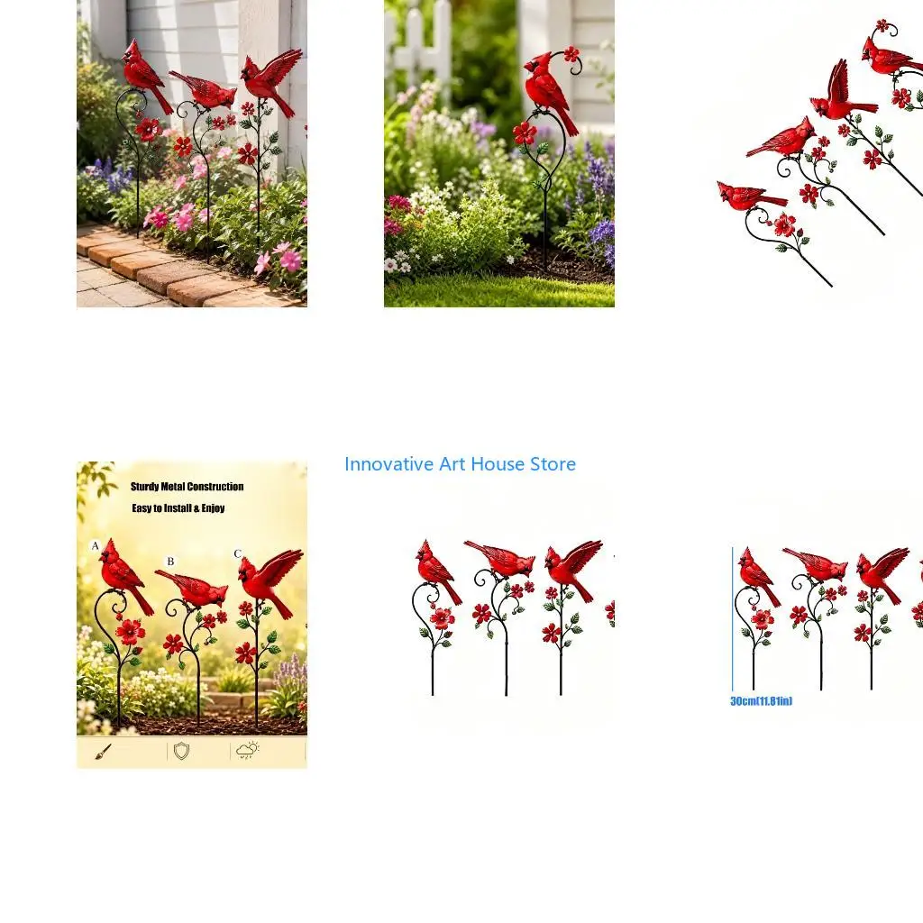 E1PC Front Yard Bird Stakes Set of 4 Piece with Red Yard Design in Metal for Lawn, Soil and Outdoor Garden Display Use Home